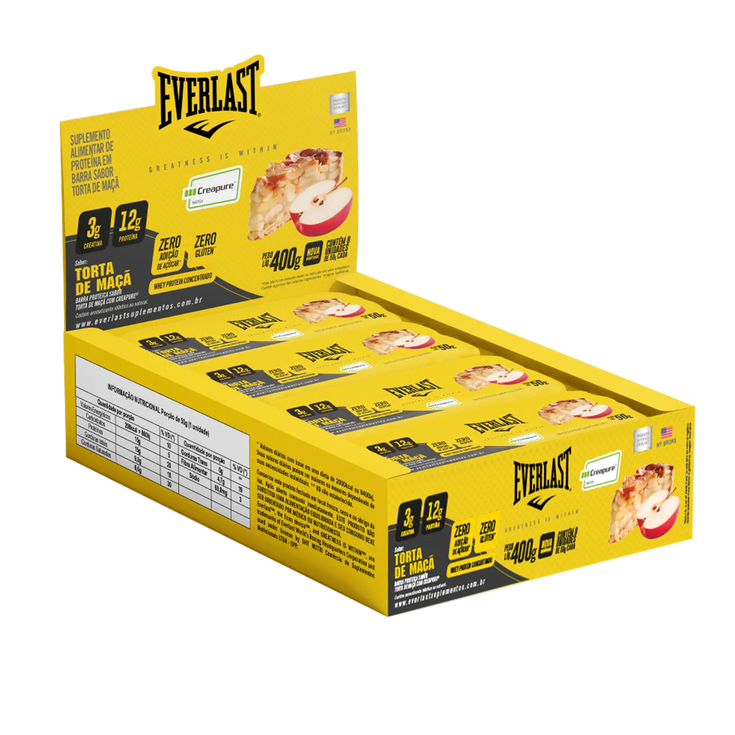 Caixa Barra de Proteína Com Creatina Creapure 50g Sabor Torta de Maçã 8Un - Everlast