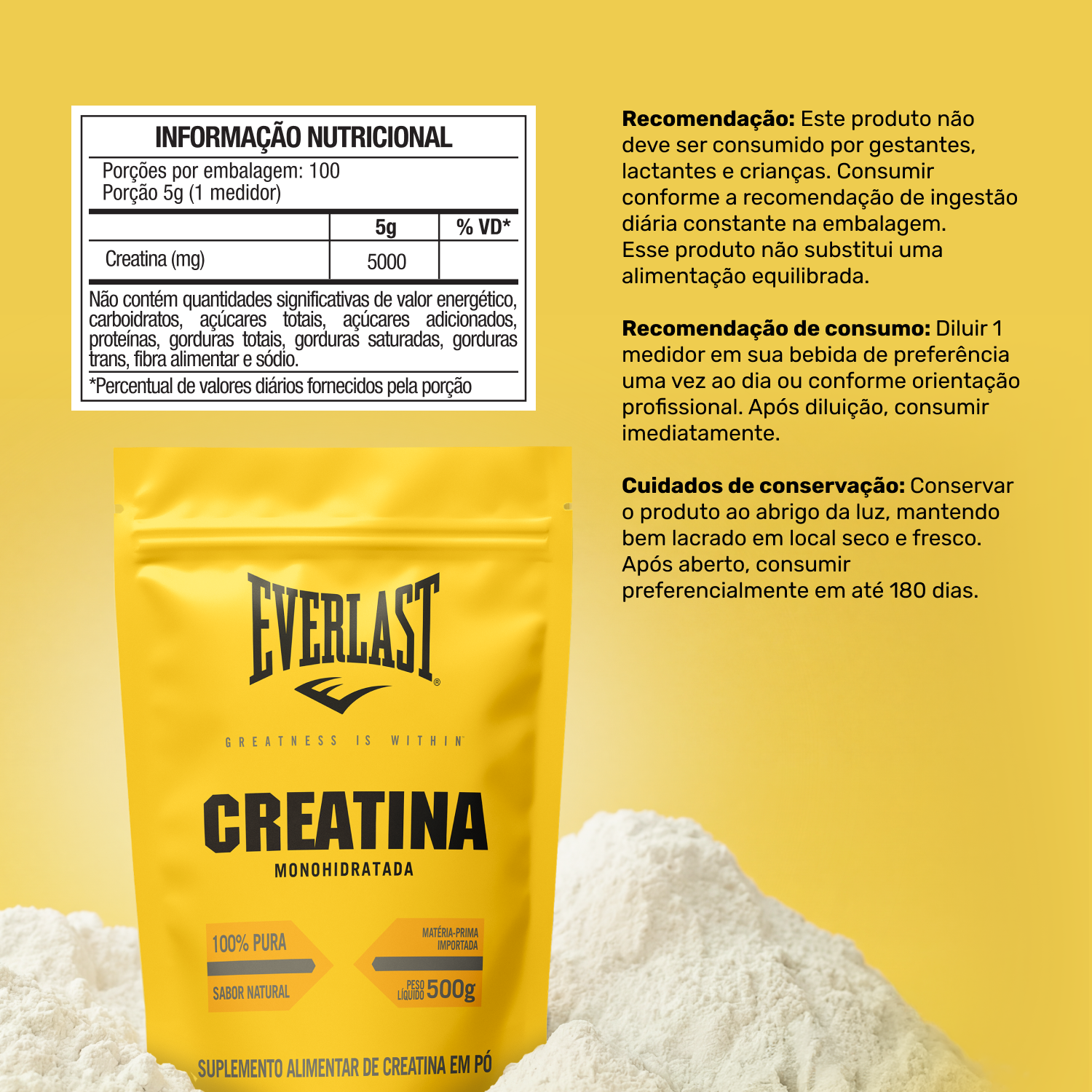 Creatina Monohidratada 100% Pura 500g Everlast