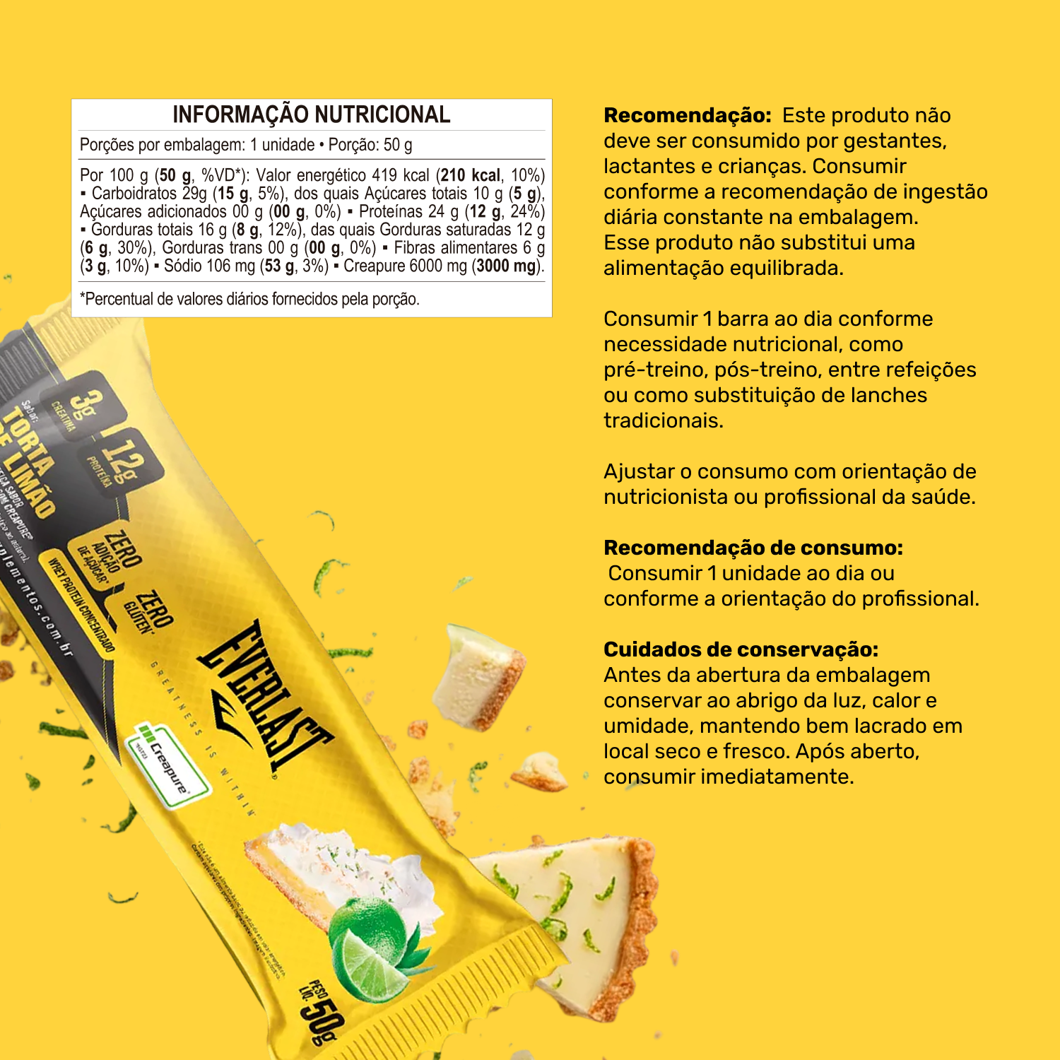 Caixa Barra de Proteína Com Creatina Creapure 50g Sabor Torta de Limão 8Un - Everlast