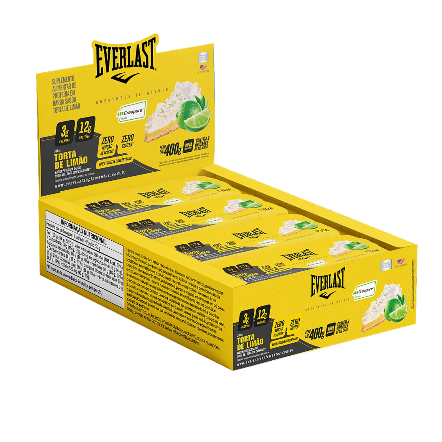 Caixa Barra de Proteína Com Creatina Creapure 50g Sabor Torta de Limão 8Un - Everlast