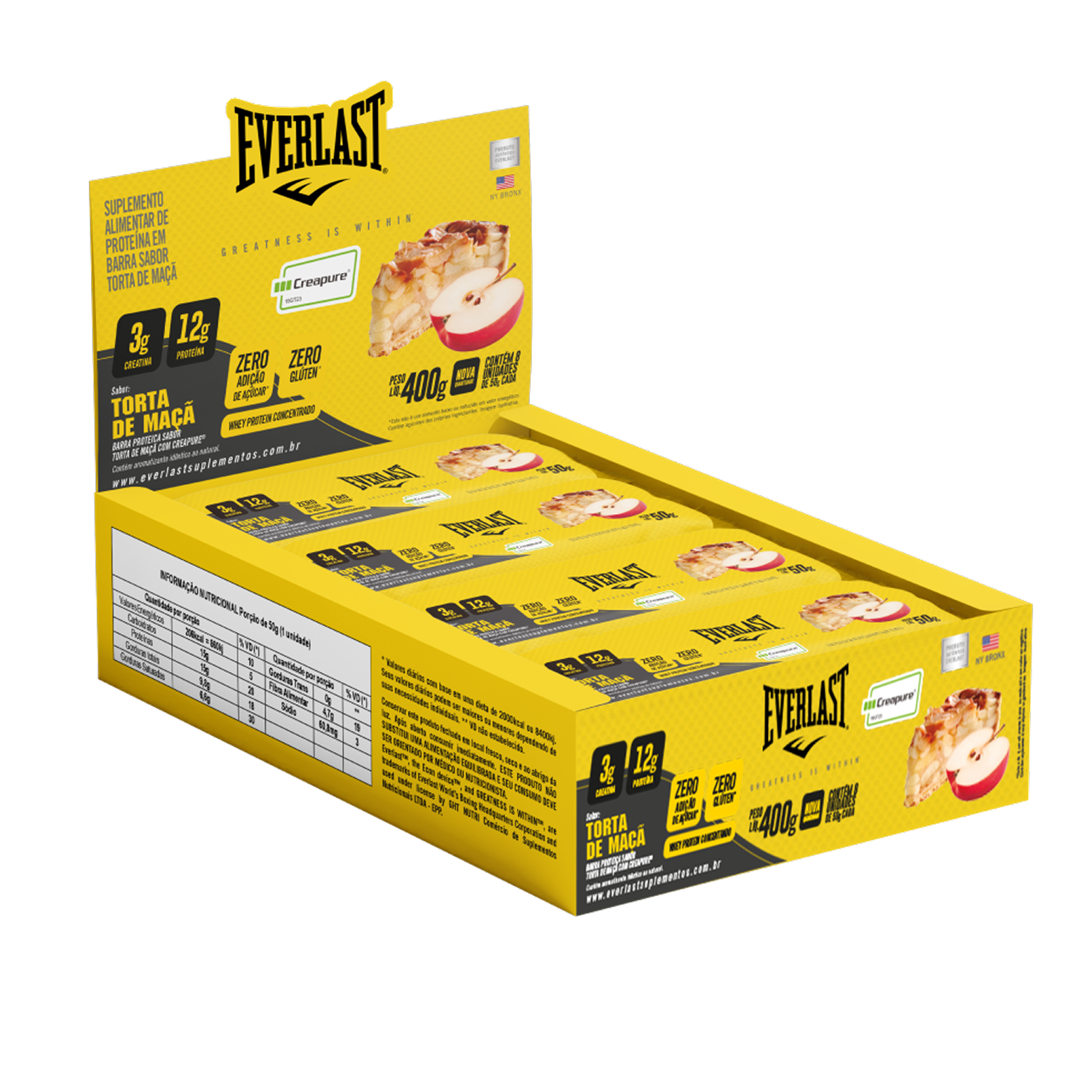 Caixa Barra de Proteína Com Creatina Creapure 50g Sabor Torta de Maçã 8Un - Everlast