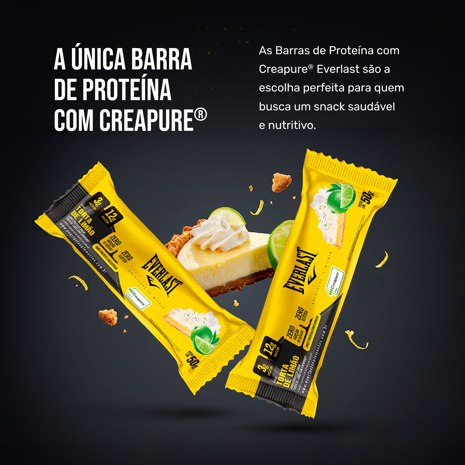 Caixa Barra de Proteína Com Creatina Creapure 50g Sabor Torta de Limão 8Un - Everlast