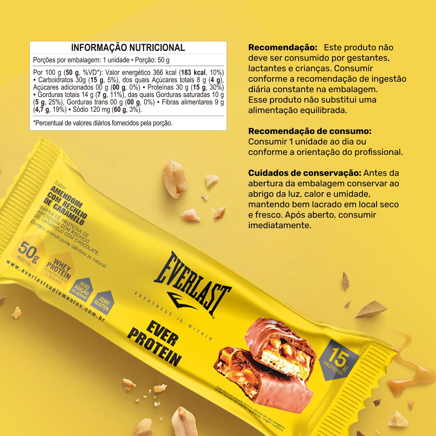 Caixa Barra de Proteína 50g Sabor Amendoim  8Un - Everlast