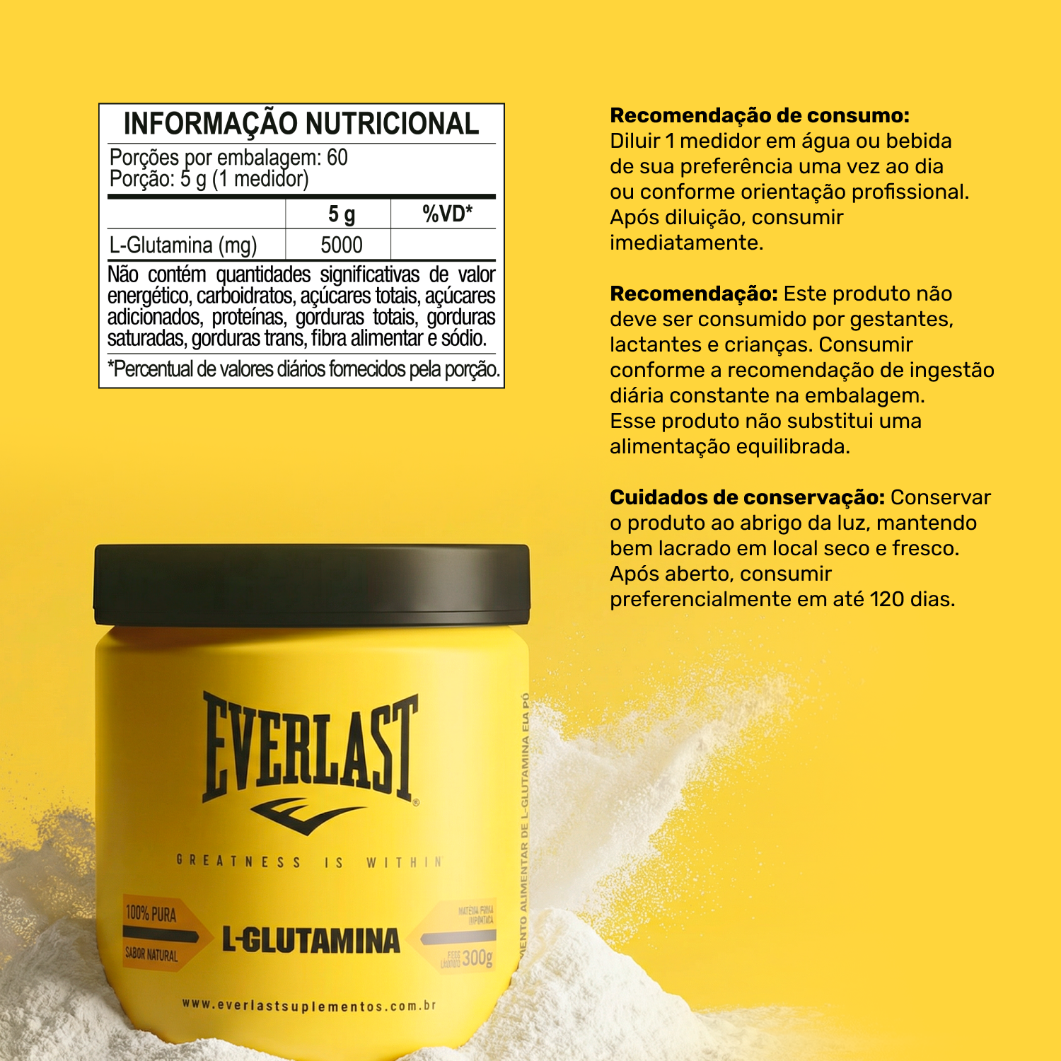 L-Glutamina 300g 100% Pura - Everlast
