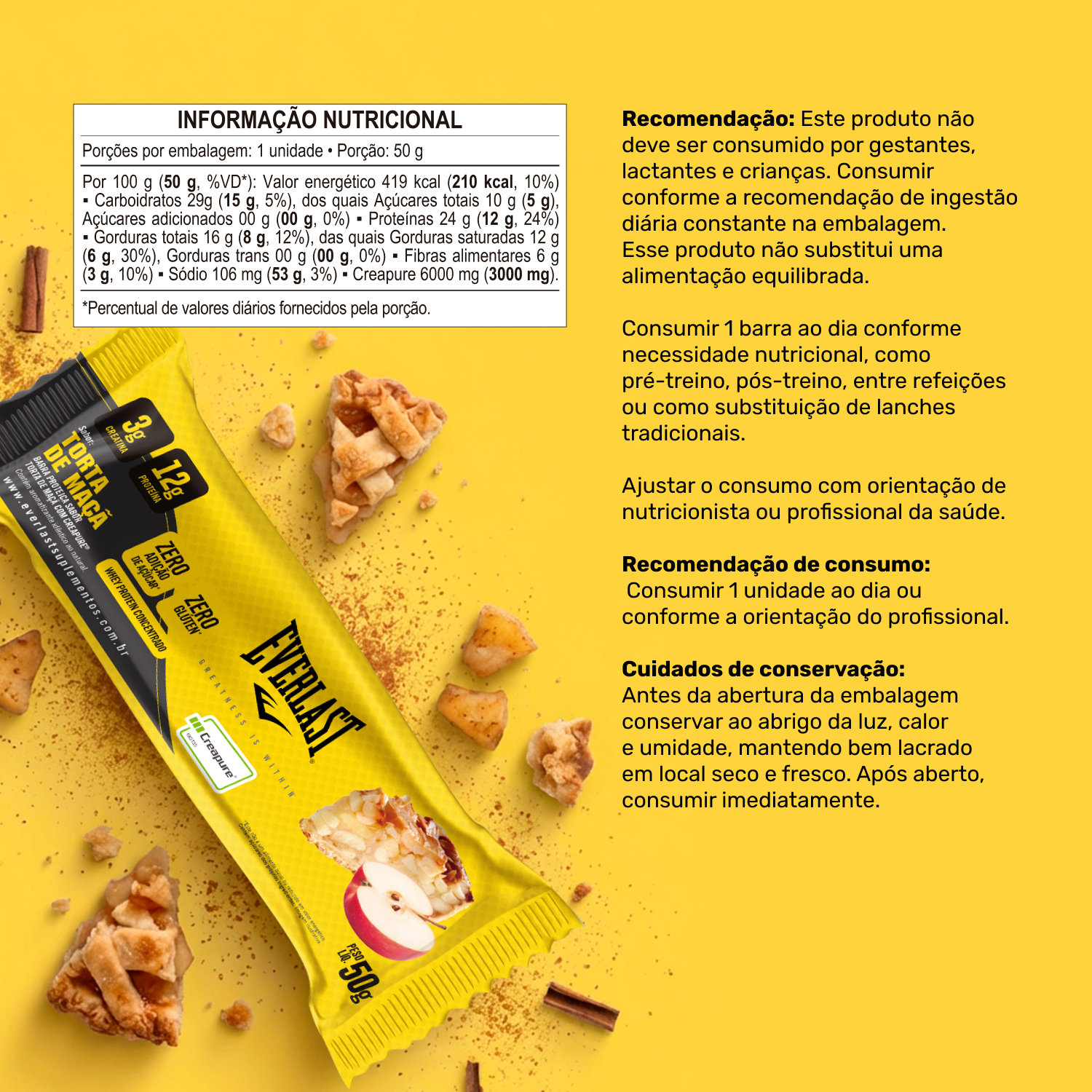 Caixa Barra de Proteína Com Creatina Creapure 50g Sabor Torta de Maçã 8Un - Everlast
