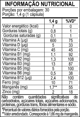 Tabela nutricional - Multivitamínico A-Z 100% IDR 30 Cápsulas Everlast