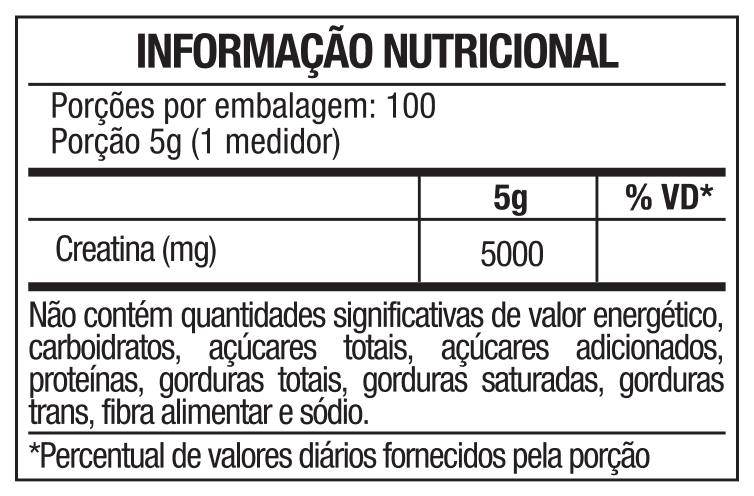 Tabela nutricional - Creatina Monohidratada 100% Pura 500g Everlast