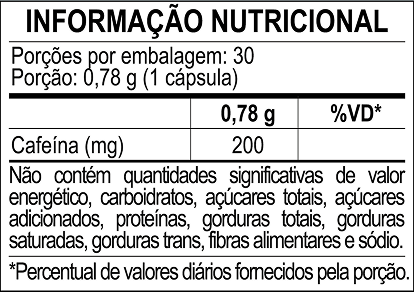 Tabela nutricional - Cafeína 210mg em Cápsulas 30 Unidades - Everlast